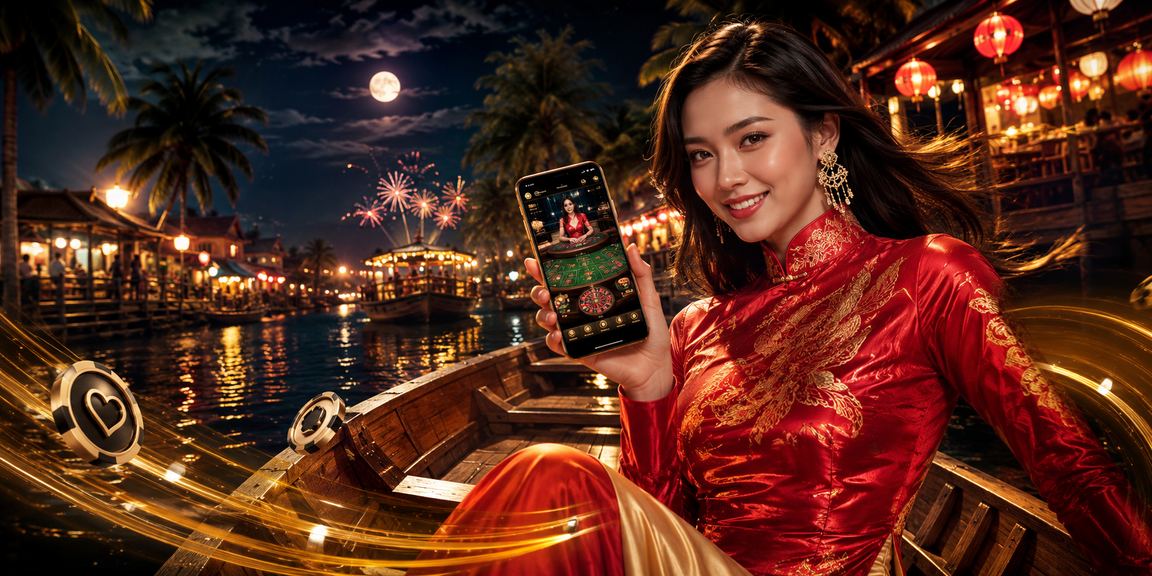 Người dùng Việt Nam mặc áo dài chơi casino trên điện thoại di động bên sông Mekong